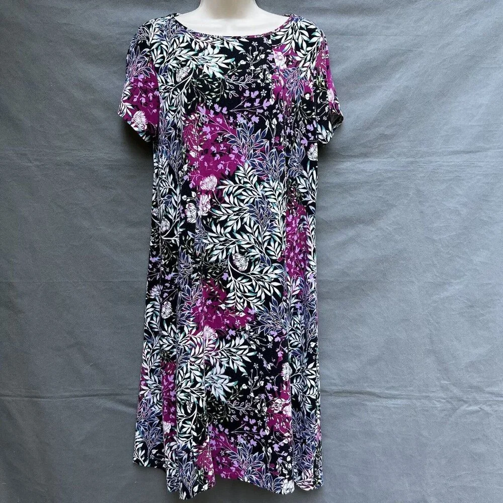 J. Jill Wearever Size S Black Purple Stretchy Floral Comfortable Dress Short